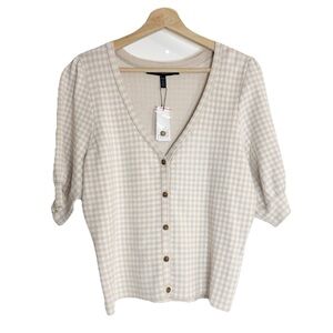 NWT White House Black Market London Gingham Top V-Neck Short Sleeve Sz XLP